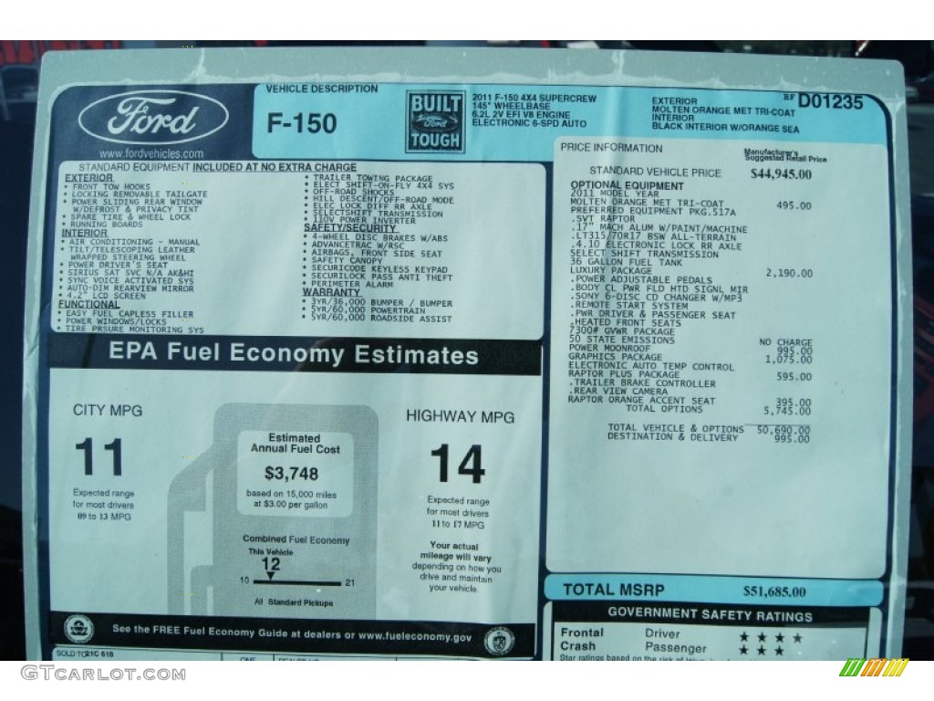2011 Ford F150 SVT Raptor SuperCrew 4x4 Window Sticker Photo #55617643