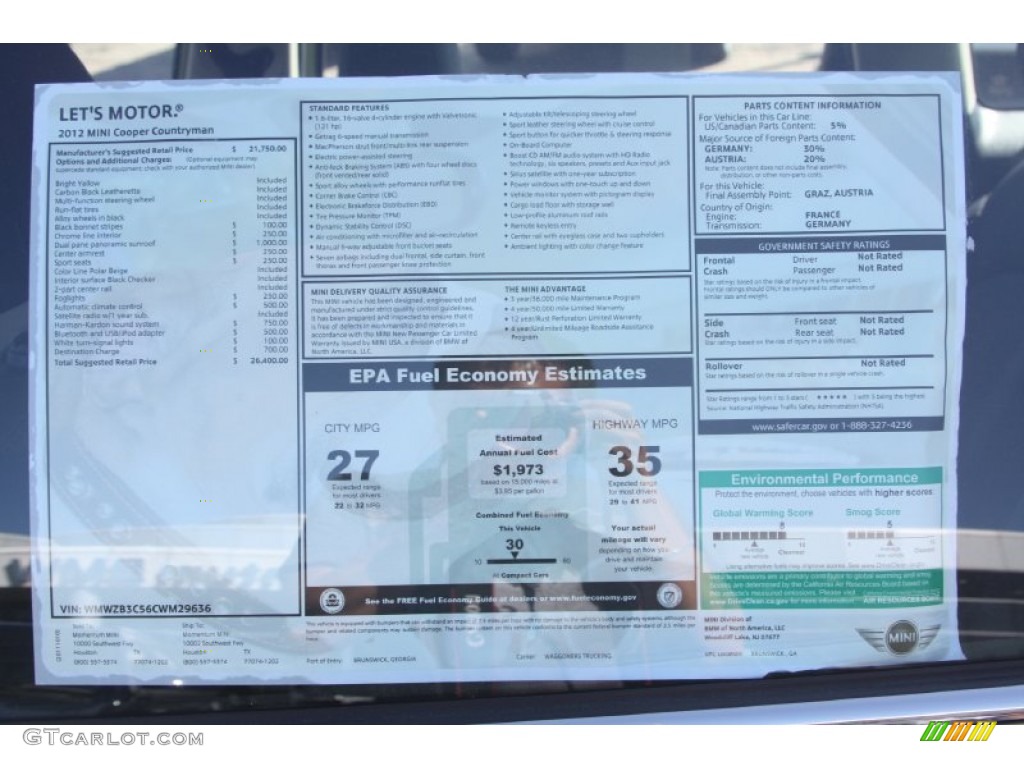 2012 Mini Cooper Countryman Window Sticker Photo #55632349
