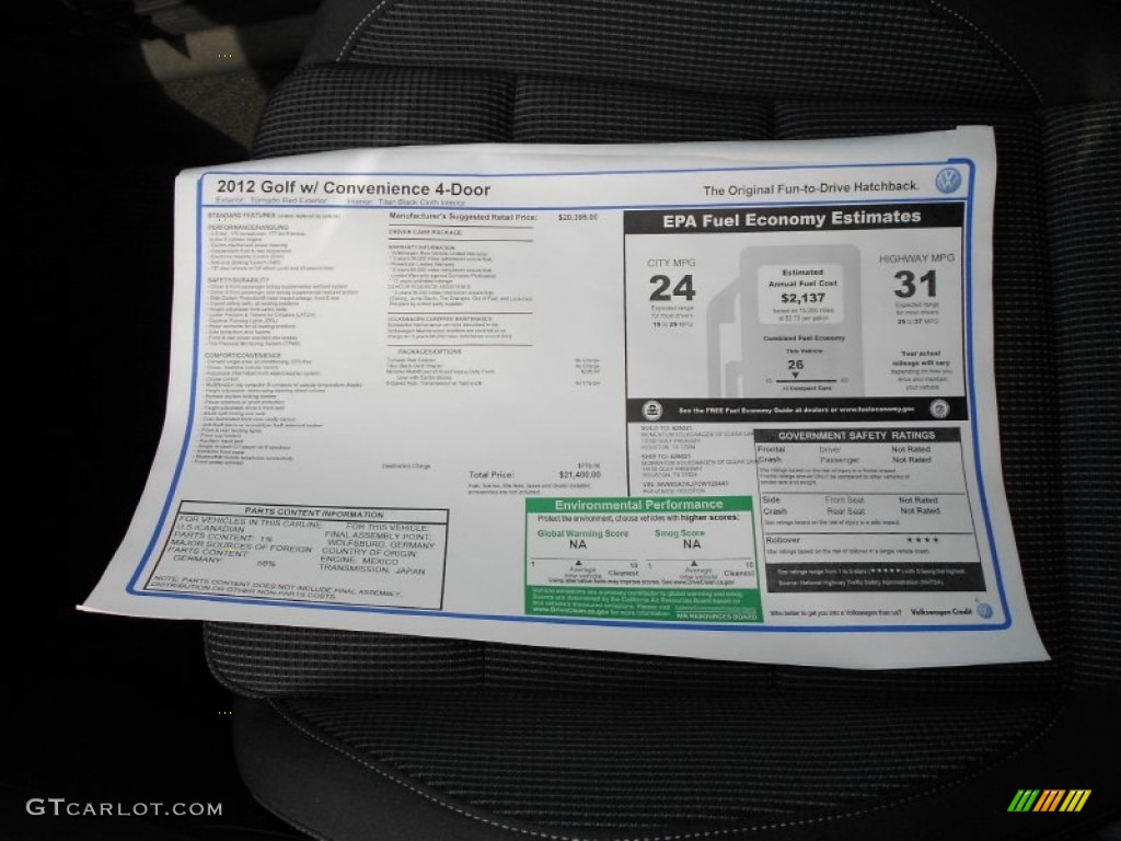 2012 Volkswagen Golf 4 Door Window Sticker Photo #55637561