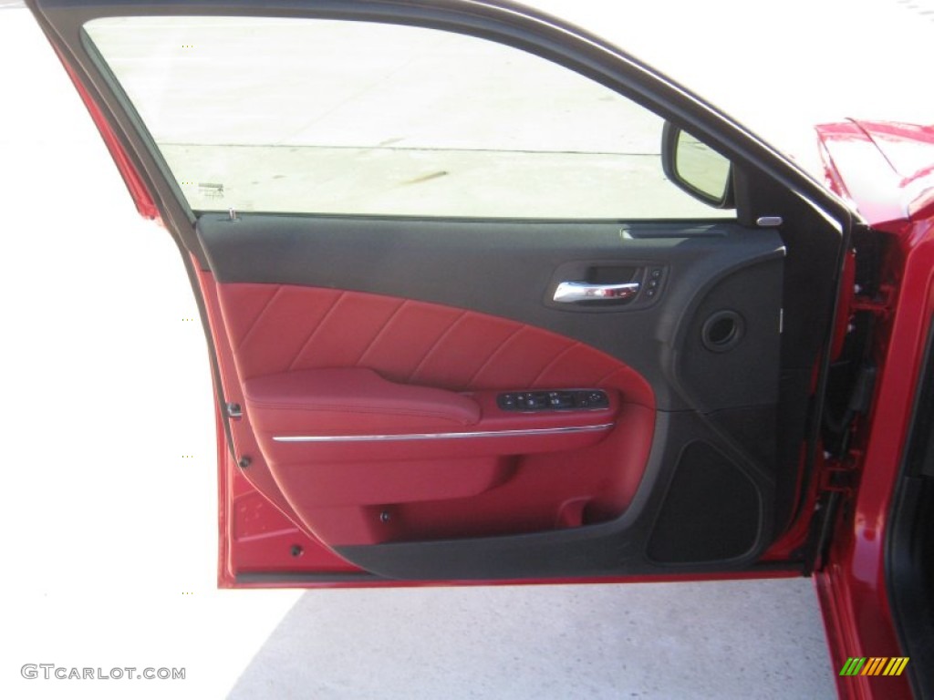 2012 Dodge Charger R/T Plus Black/Red Door Panel Photo #55638526
