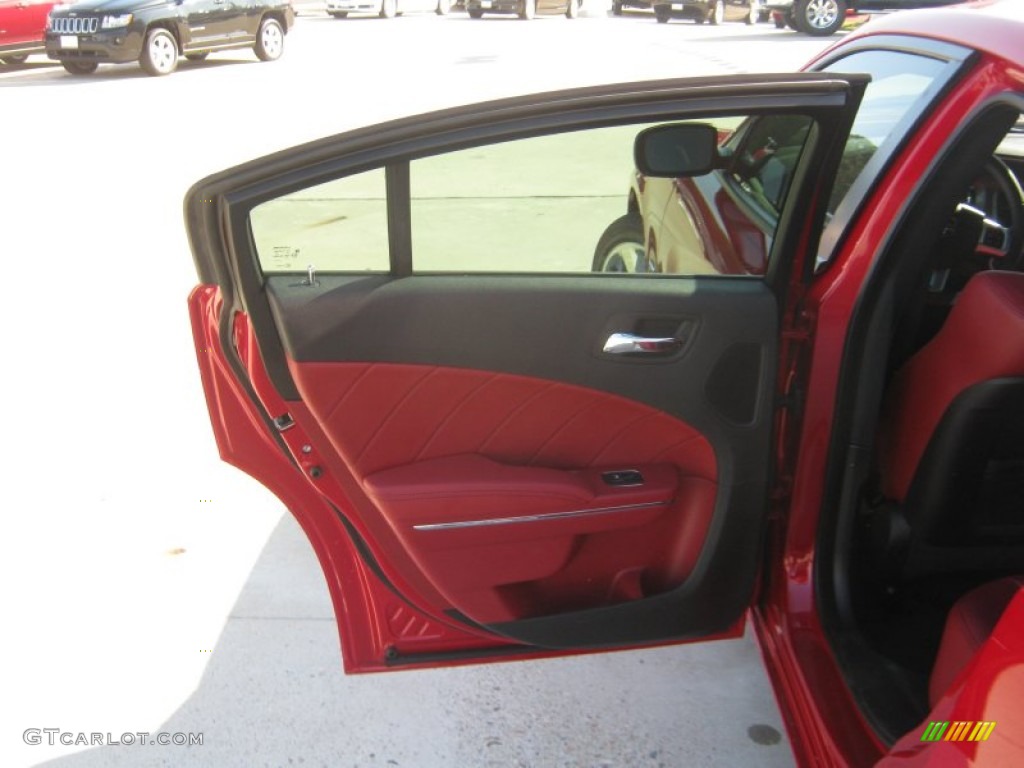 2012 Dodge Charger R/T Plus Black/Red Door Panel Photo #55638551