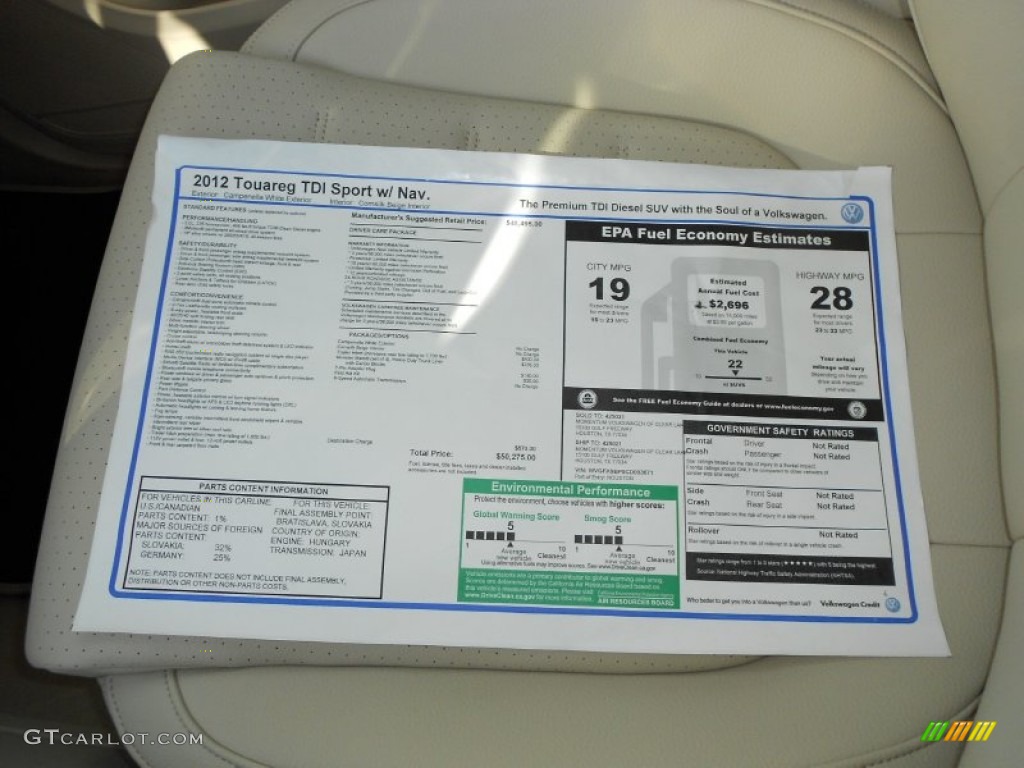 2012 Volkswagen Touareg TDI Sport 4XMotion Window Sticker Photo #55638590