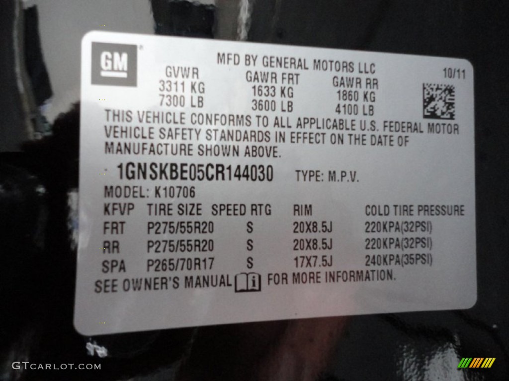 2012 Chevrolet Tahoe LT 4x4 Info Tag Photo #55668958