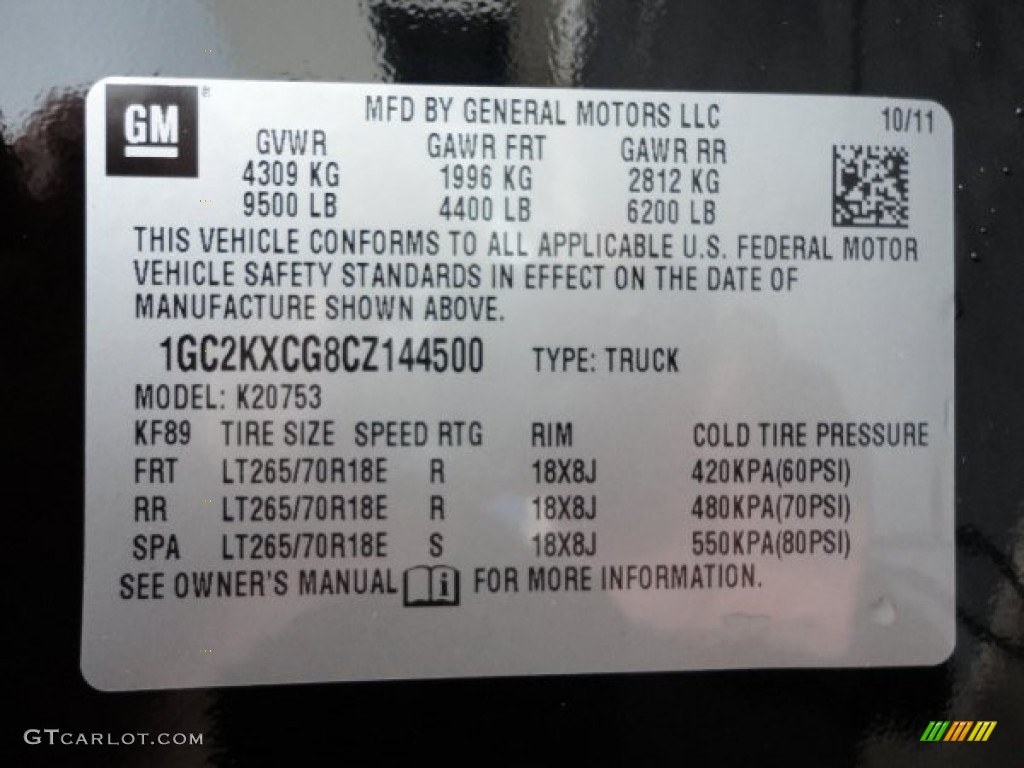2012 Chevrolet Silverado 2500HD LT Extended Cab 4x4 Info Tag Photo #55669825