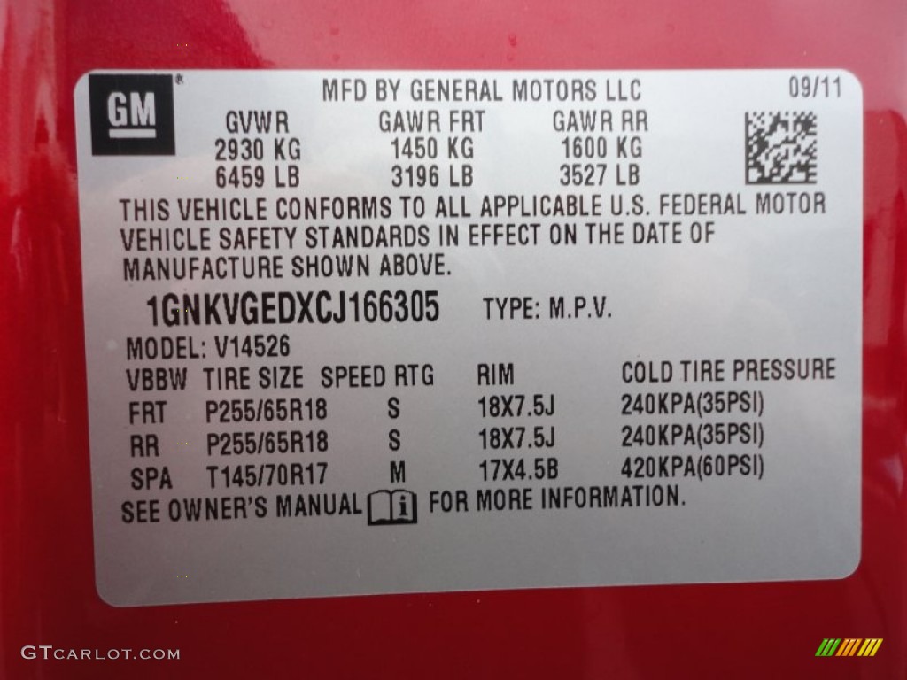 2012 Chevrolet Traverse LT AWD Info Tag Photo #55671025