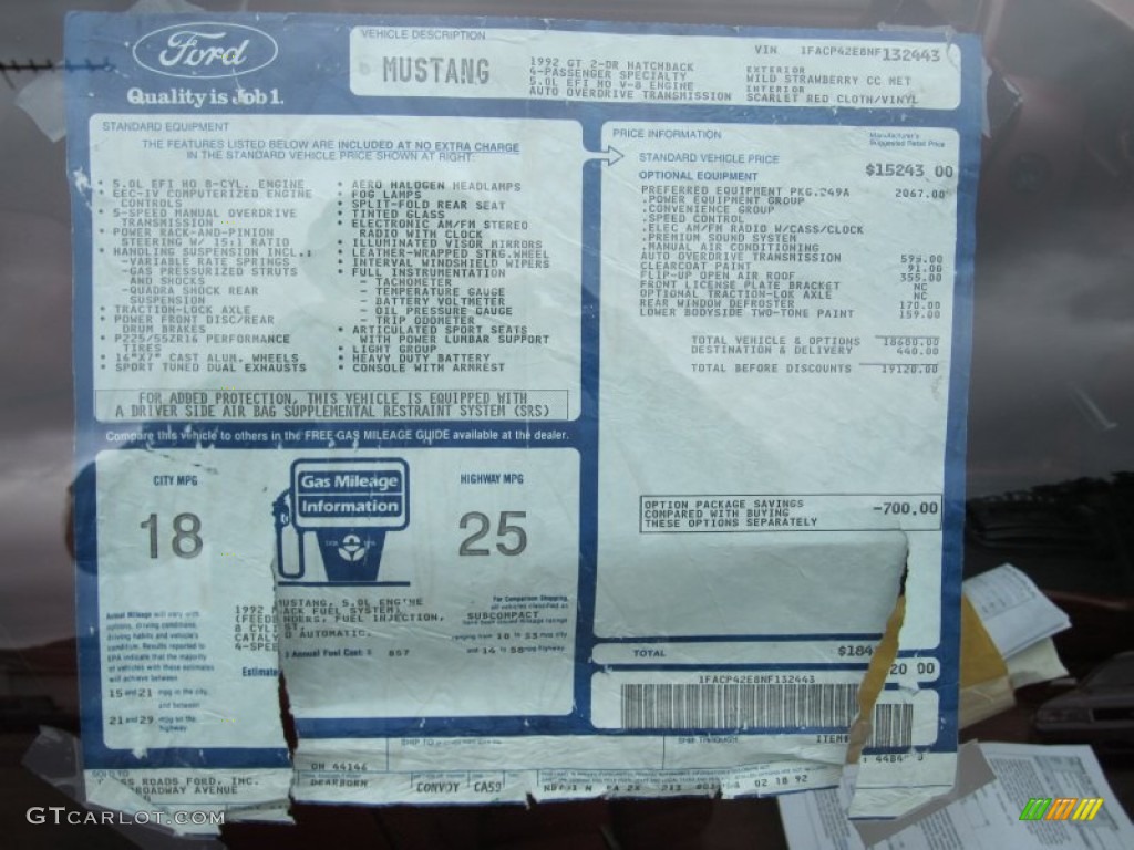 1992 Ford Mustang GT Hatchback Window Sticker Photos