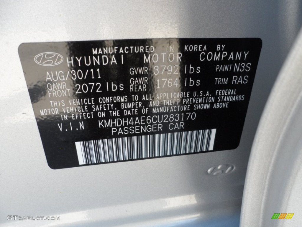 2012 Elantra Color Code N3S for Shimmering Silver Photo #55708448