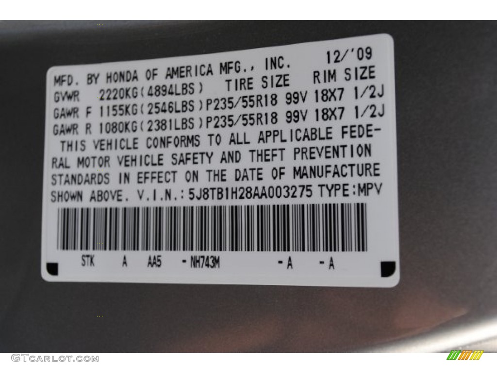 2010 RDX Color Code NH743M for Palladium Silver Metallic Photo #55710280
