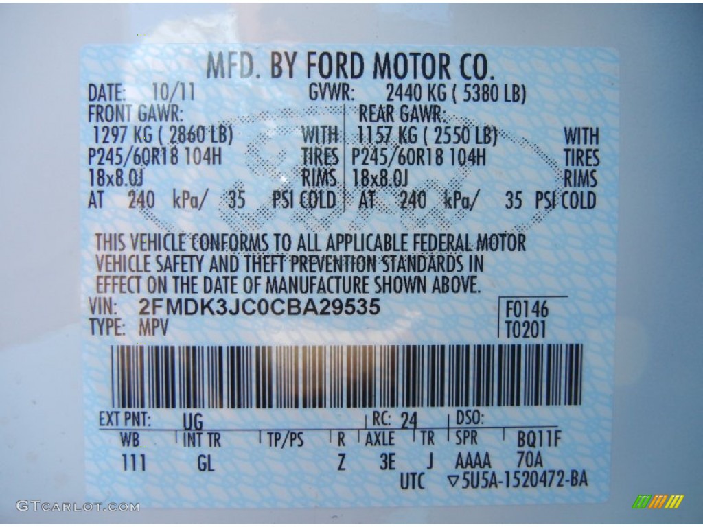 2012 Edge Color Code UG for White Platinum Metallic Tri-Coat Photo #55718884
