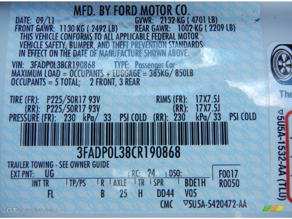 2012 Fusion Color Code UG for White Platinum Tri-Coat Photo #55719766