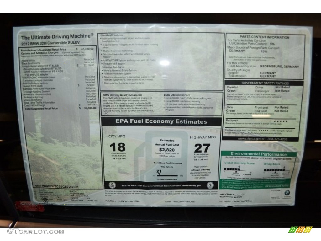 2012 BMW 3 Series 328i Convertible Window Sticker Photo #55732174