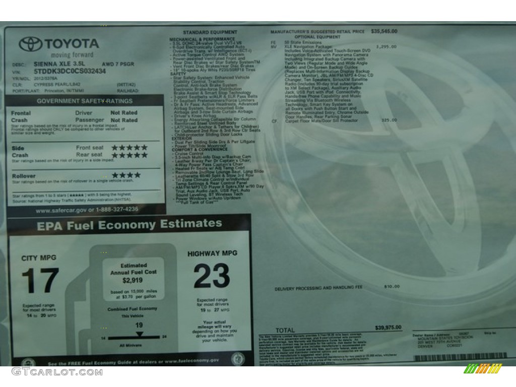 2012 Toyota Sienna XLE AWD Window Sticker Photo #55743565