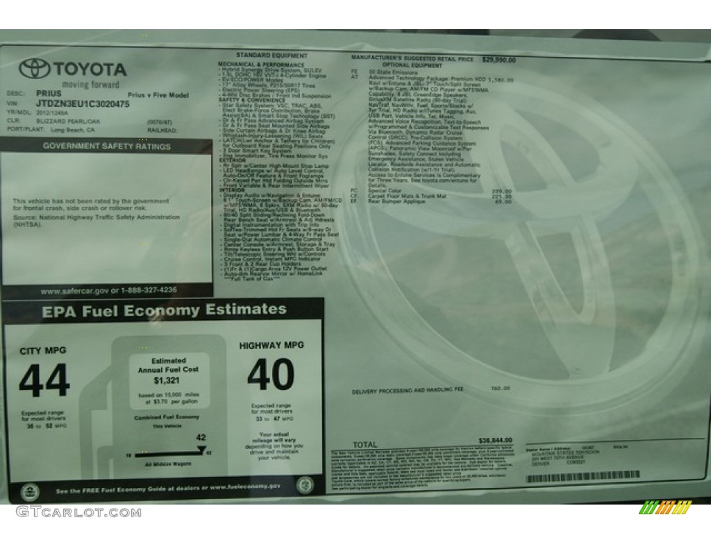 2012 Toyota Prius v Five Hybrid Window Sticker Photo #55743775