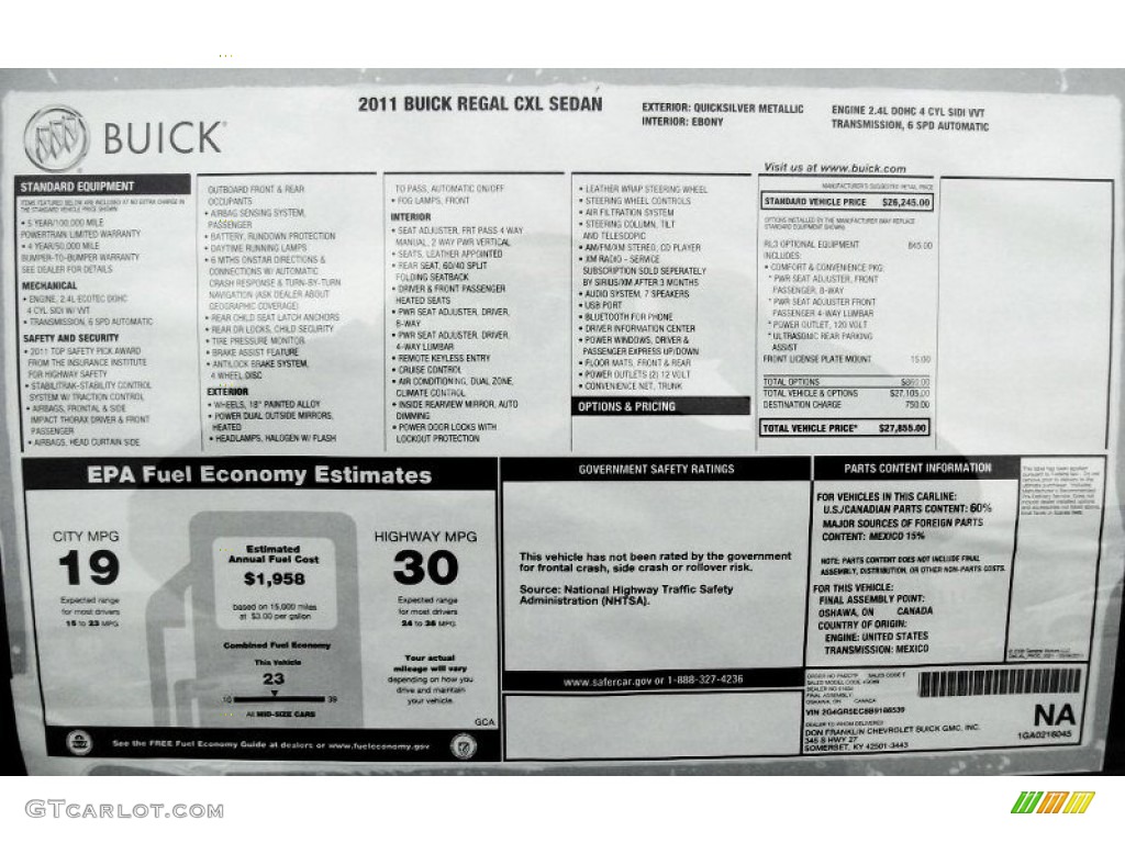 2011 Buick Regal CXL Window Sticker Photos