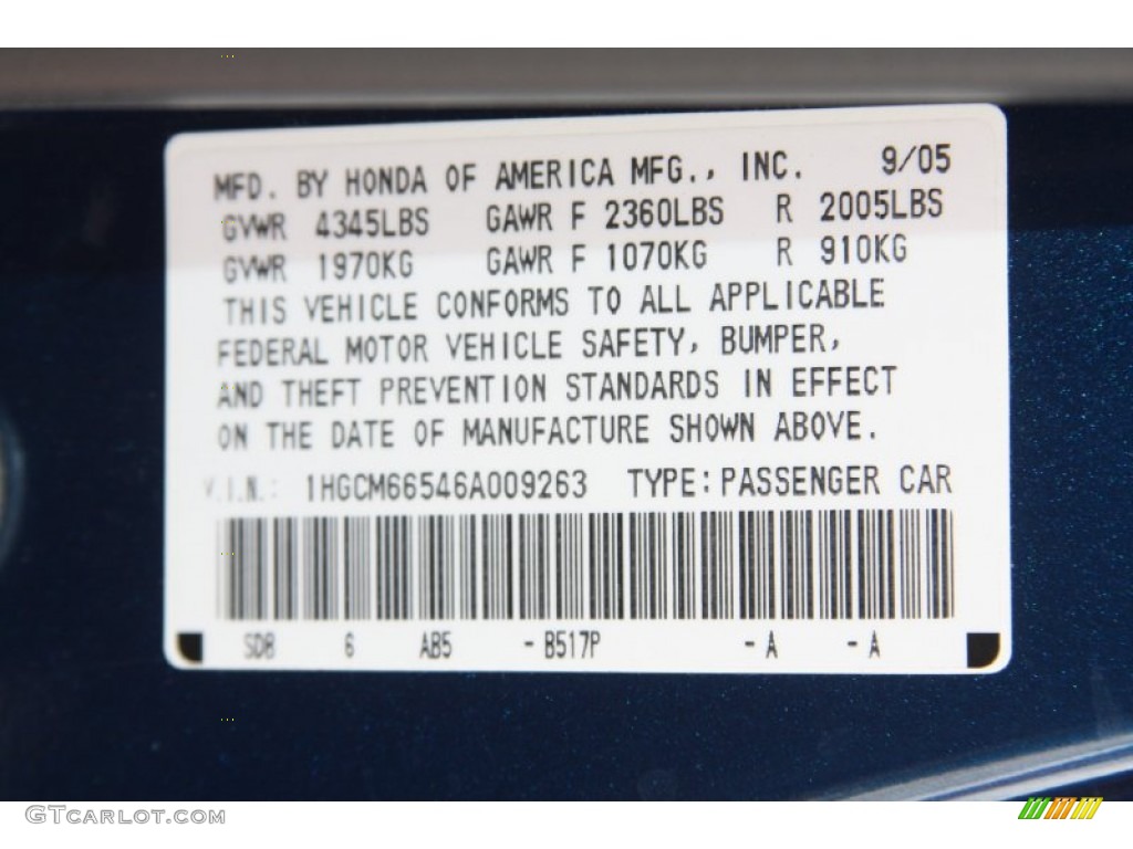 2006 Accord EX-L V6 Sedan - Sapphire Blue Pearl / Black photo #12