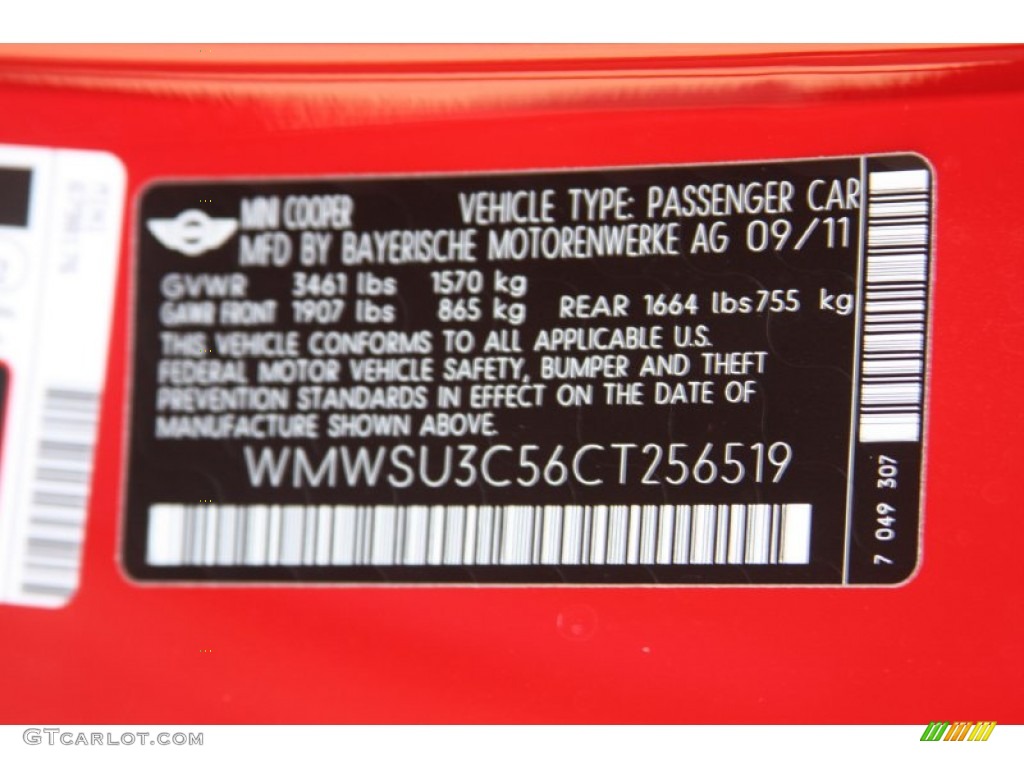 2012 Mini Cooper Hardtop Info Tag Photo #55762448