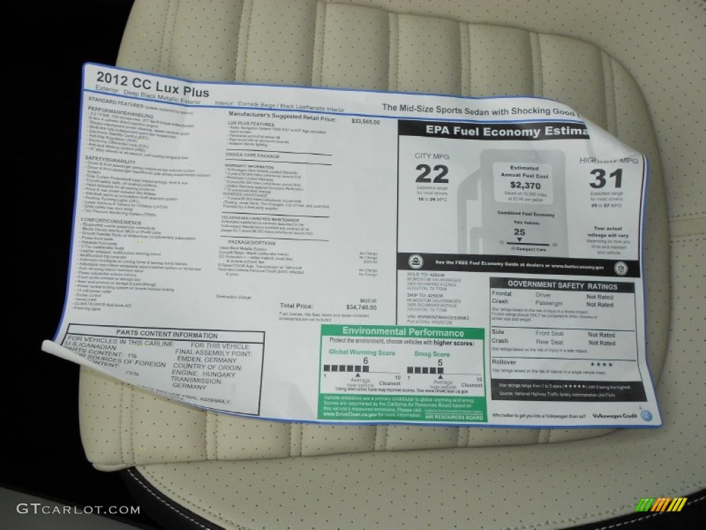 2012 Volkswagen CC Lux Plus Window Sticker Photo #55764457