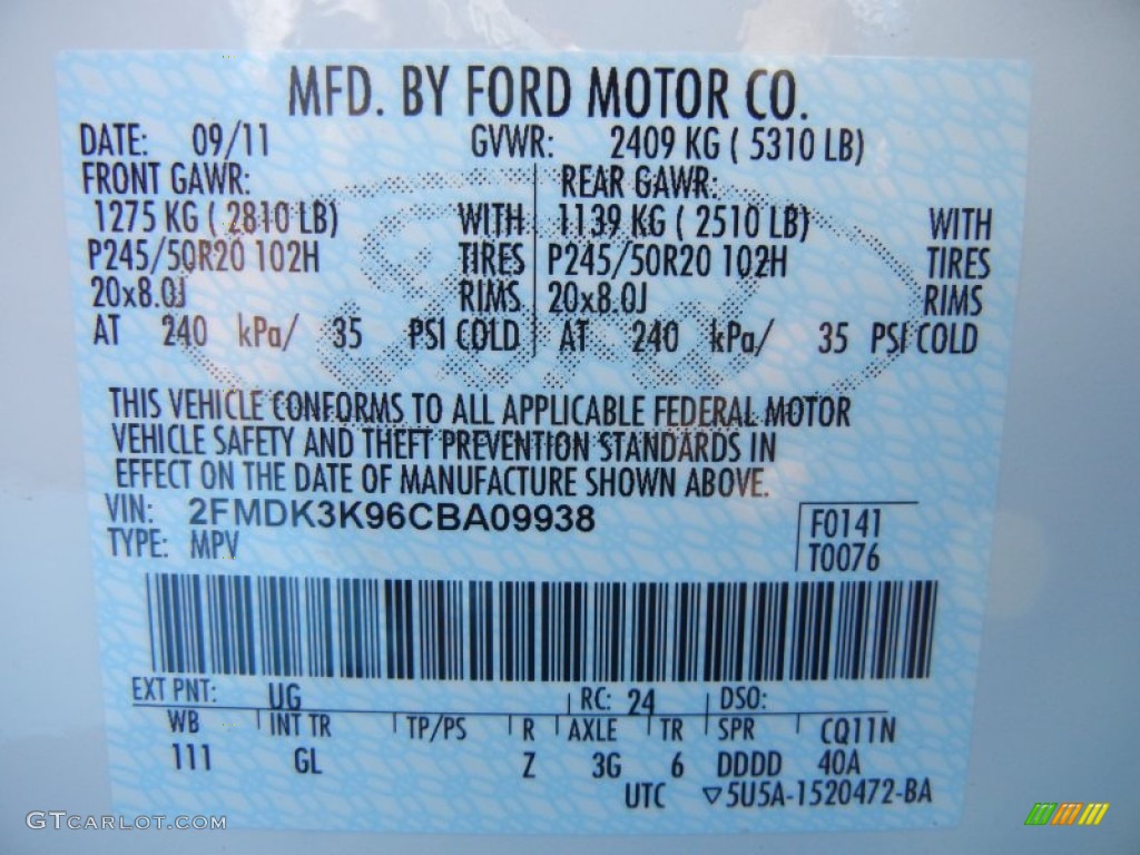 2012 Edge Color Code UG for White Platinum Metallic Tri-Coat Photo #55765155