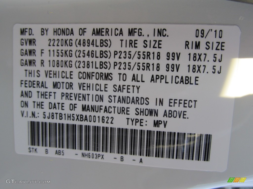 2011 RDX Color Code NH603PX for White Diamond Pearl Photo #55768145
