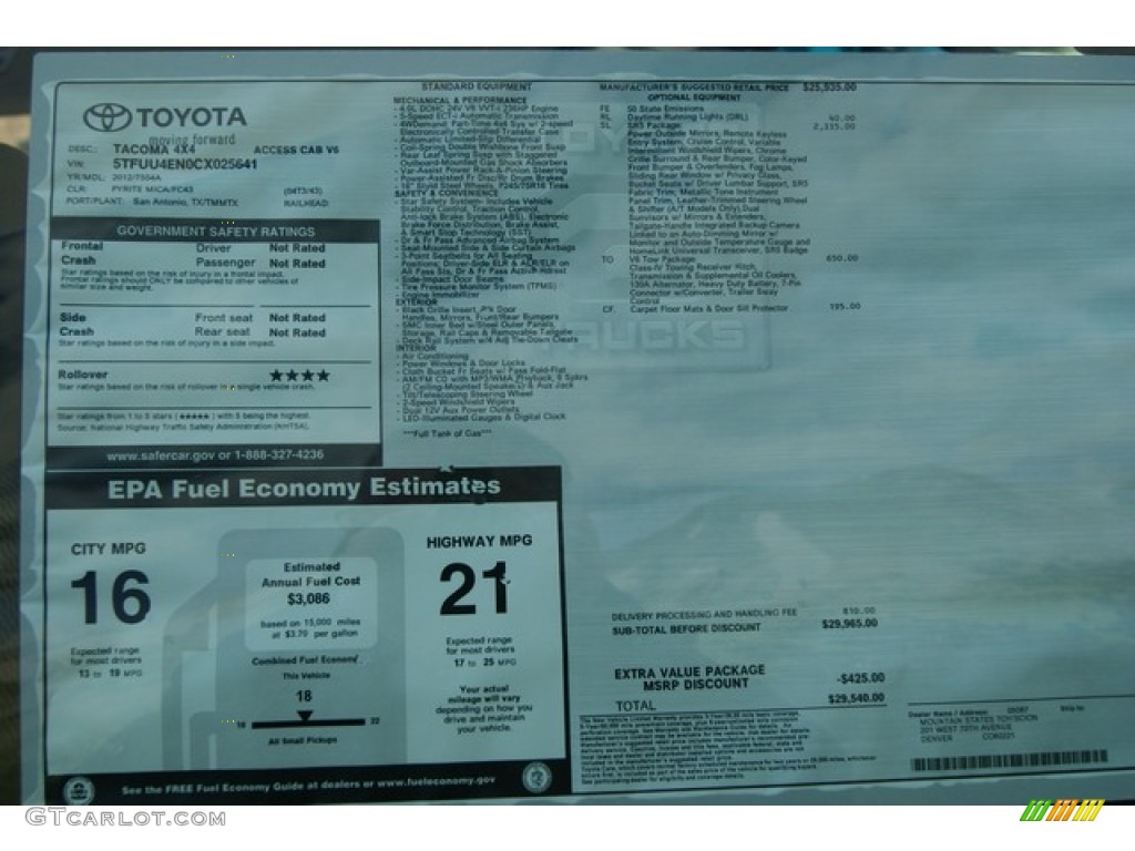 2012 Toyota Tacoma V6 SR5 Access Cab 4x4 Window Sticker Photo #55782941