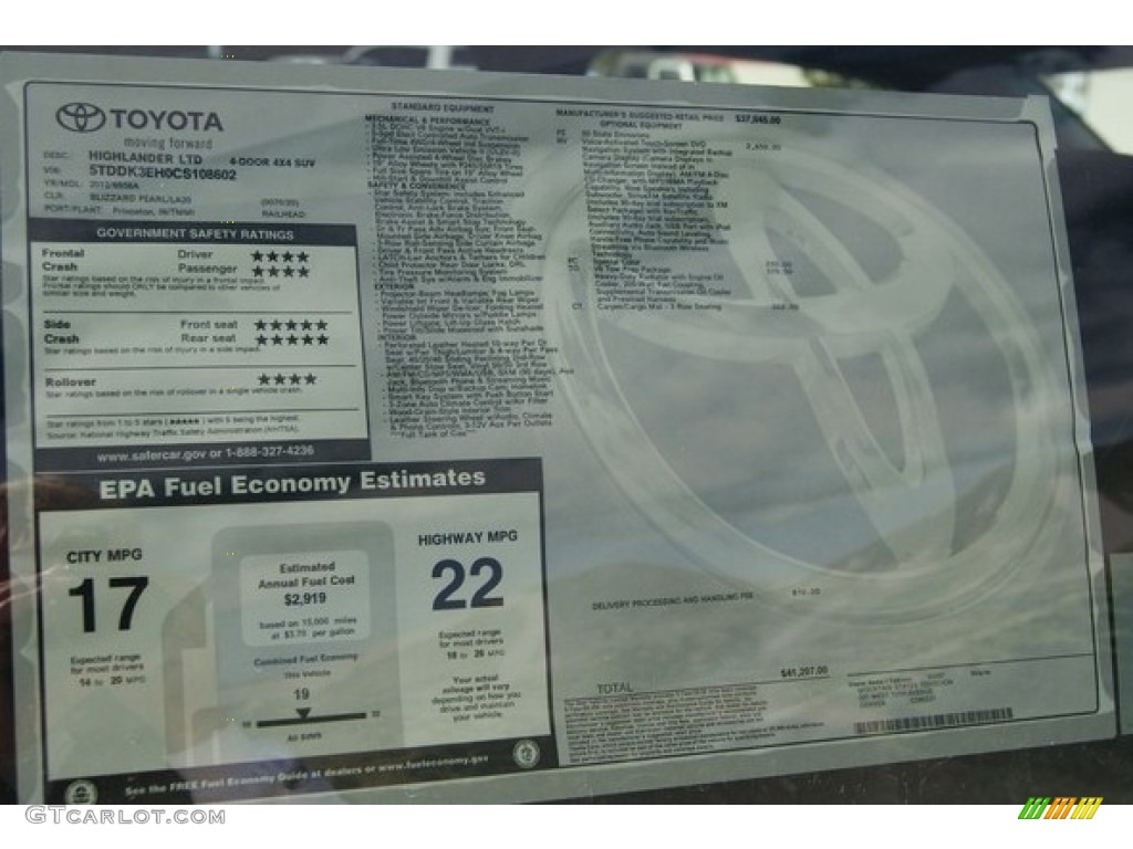 2012 Toyota Highlander Limited 4WD Window Sticker Photo #55783682