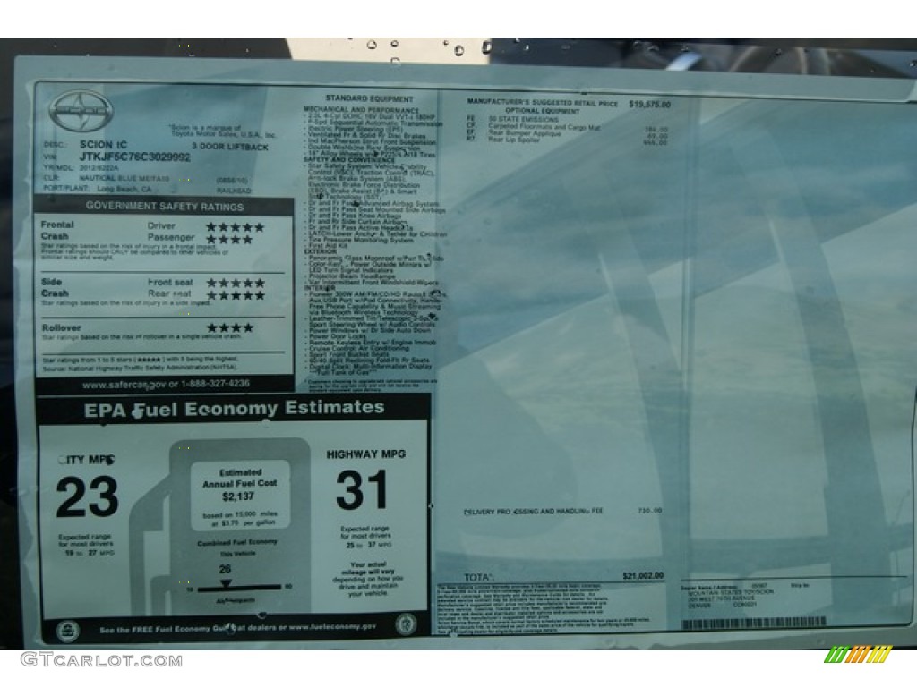 2012 Scion tC Standard tC Model Window Sticker Photo #55784441