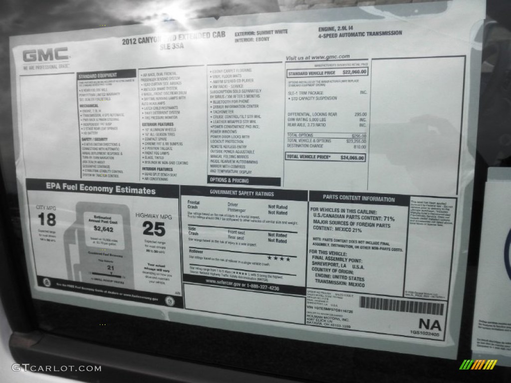 2012 GMC Canyon SLE Extended Cab Window Sticker Photos