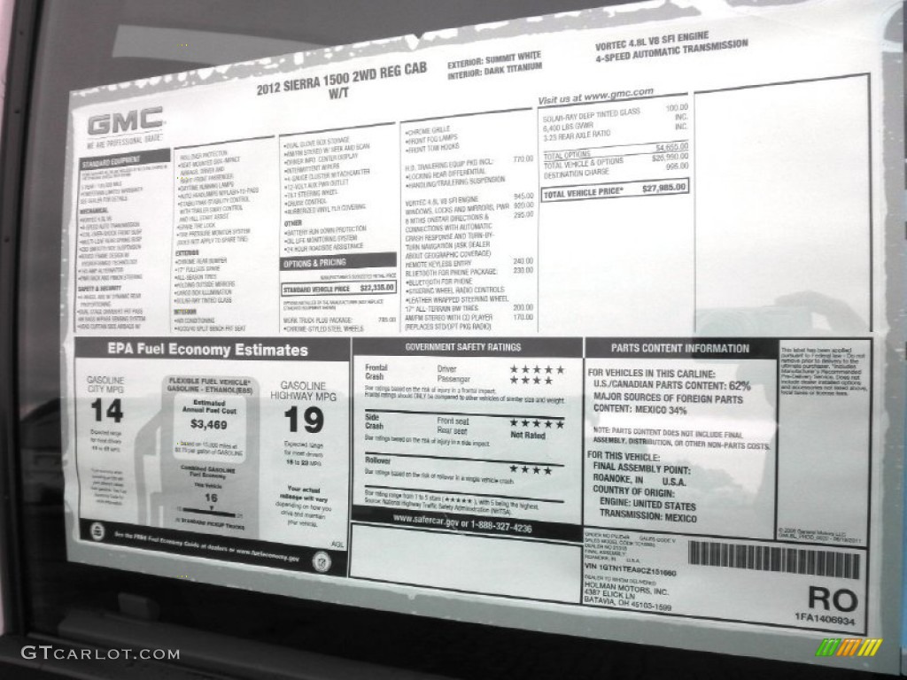 2012 GMC Sierra 1500 Regular Cab Window Sticker Photo #55786904