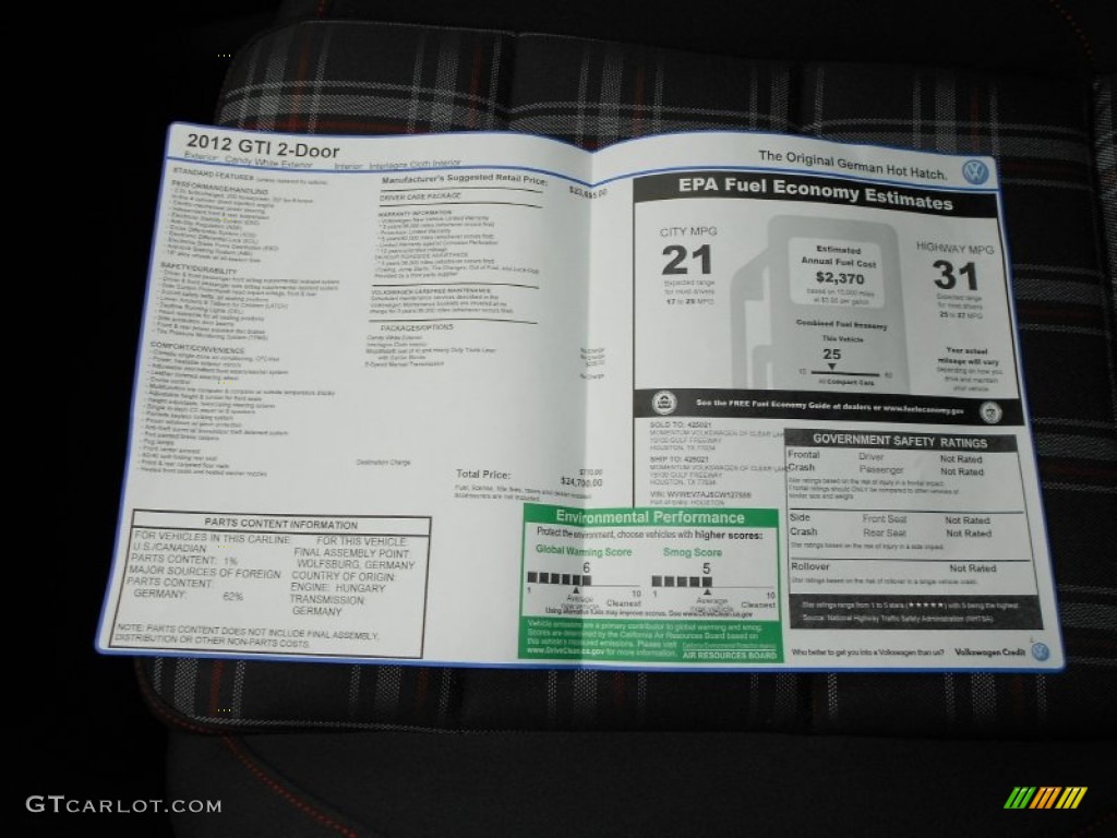 2012 Volkswagen GTI 2 Door Window Sticker Photo #55789063