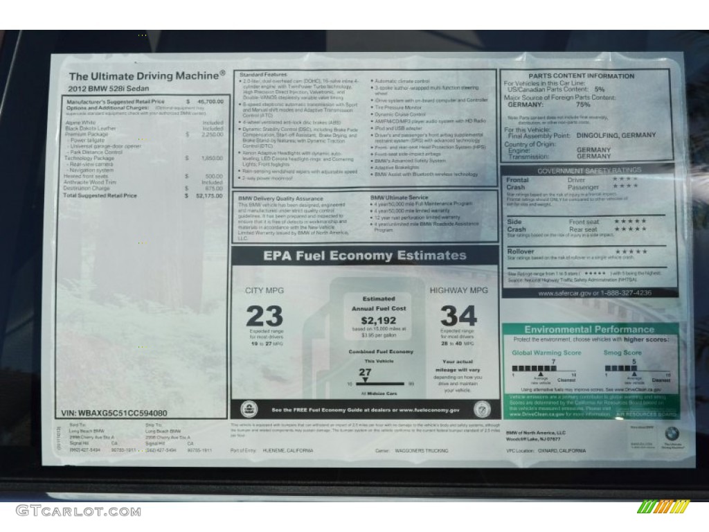 2012 BMW 5 Series 528i Sedan Window Sticker Photo #55812071