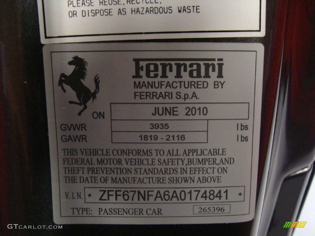 2010 Ferrari 458 Italia Info Tag Photo #55832327