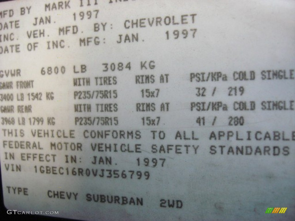 1997 Chevrolet Suburban C1500 LS Info Tag Photo #55836533