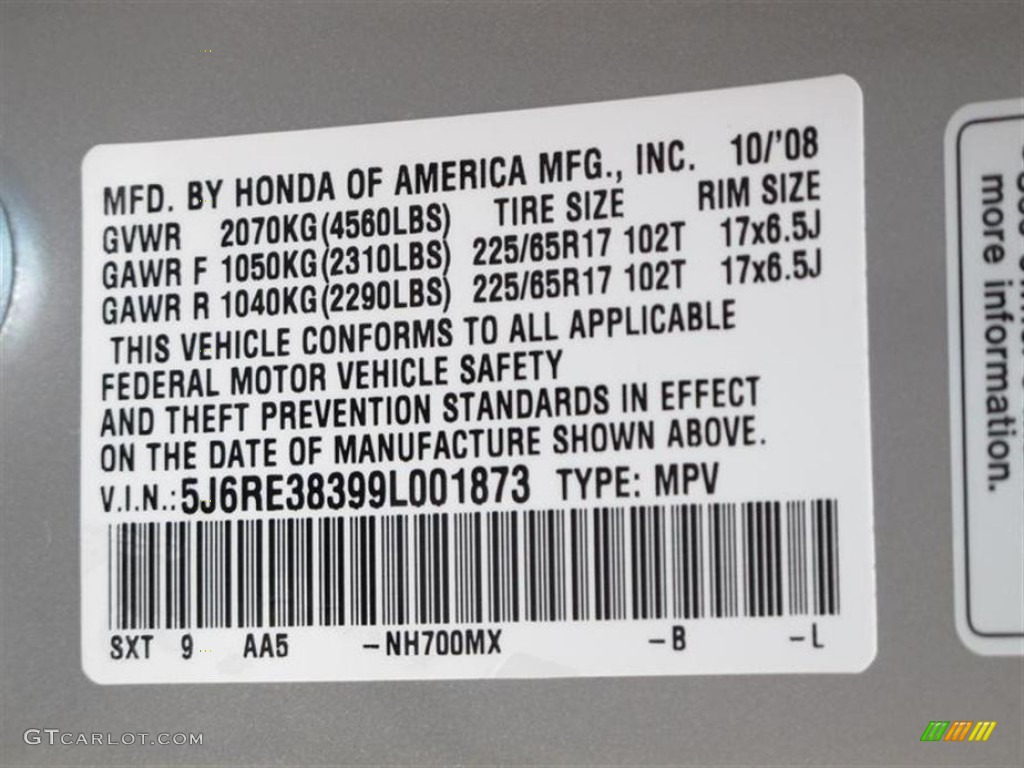 2009 CR-V Color Code NH700MX for Alabaster Silver Metallic Photo #55838927