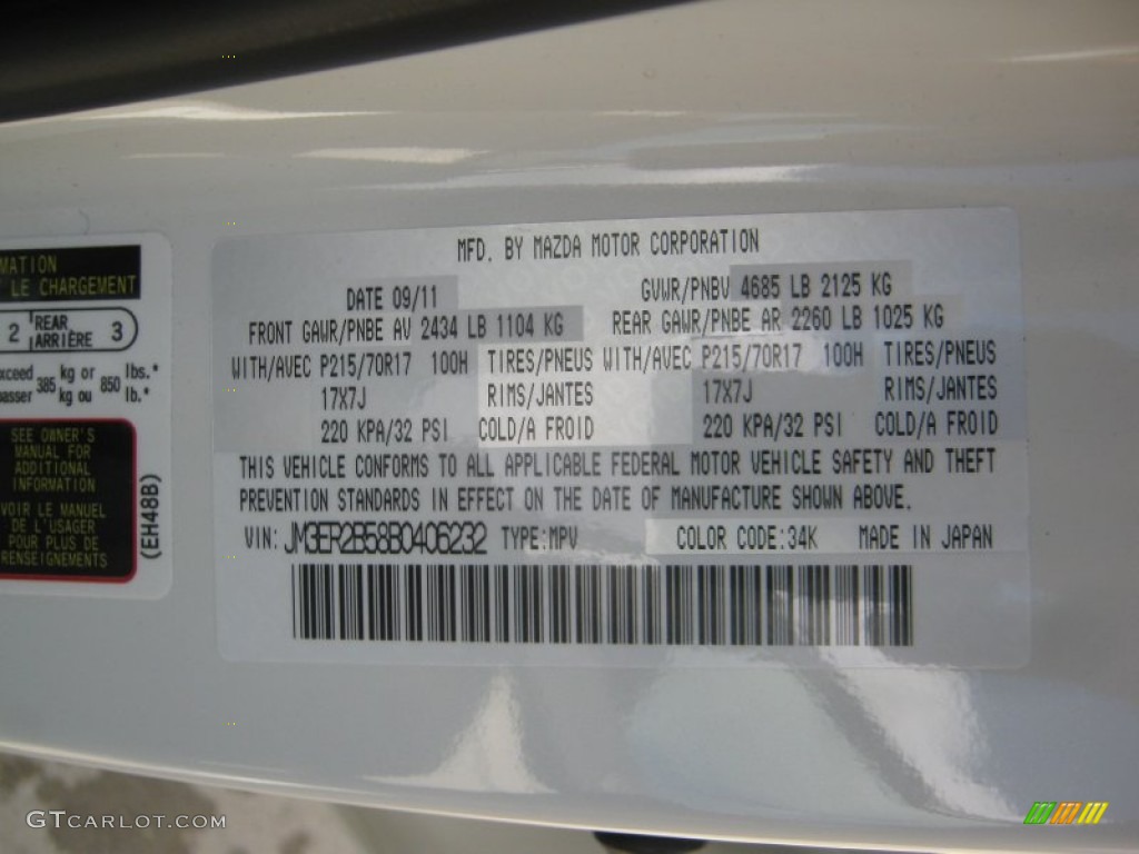 2011 CX-7 Color Code 34K for Crystal White Pearl Mica Photo #55844012