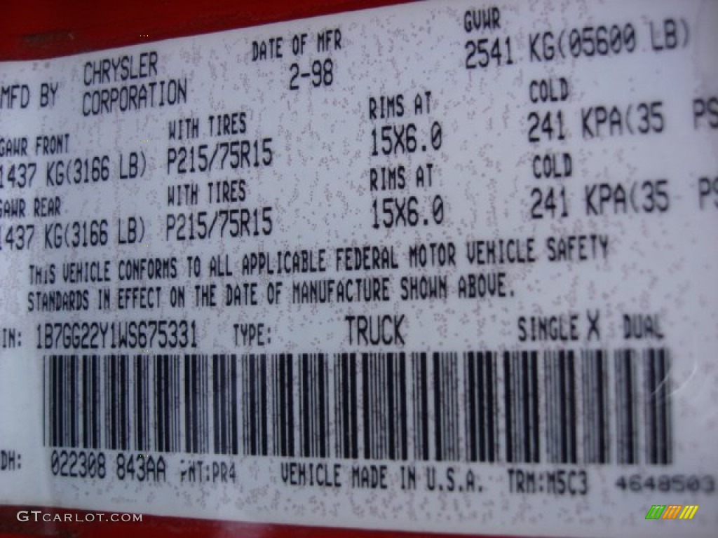 1998 Dakota Color Code PR4 for Flame Red Photo #55849722