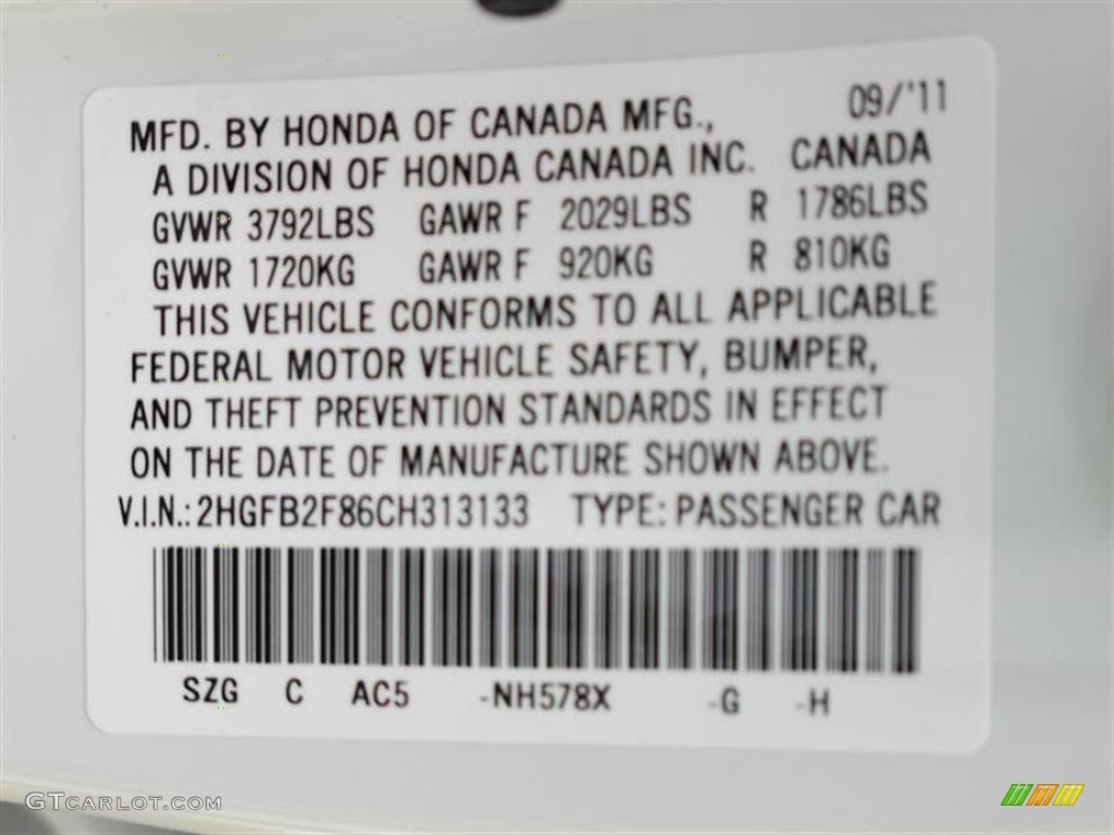 2012 Civic Color Code NH578X for Taffeta White Photo #55852732
