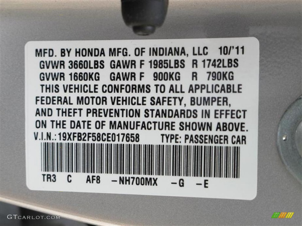 2012 Civic Color Code NH700MX for Alabaster Silver Metallic Photo #55852828