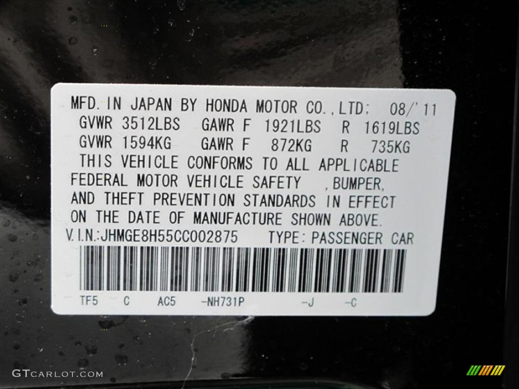 2012 Fit Color Code NH731P for Crystal Black Pearl Photo #55853402