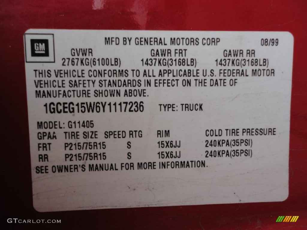 2000 Chevrolet Express G1500 Commercial Info Tag Photo #55853403