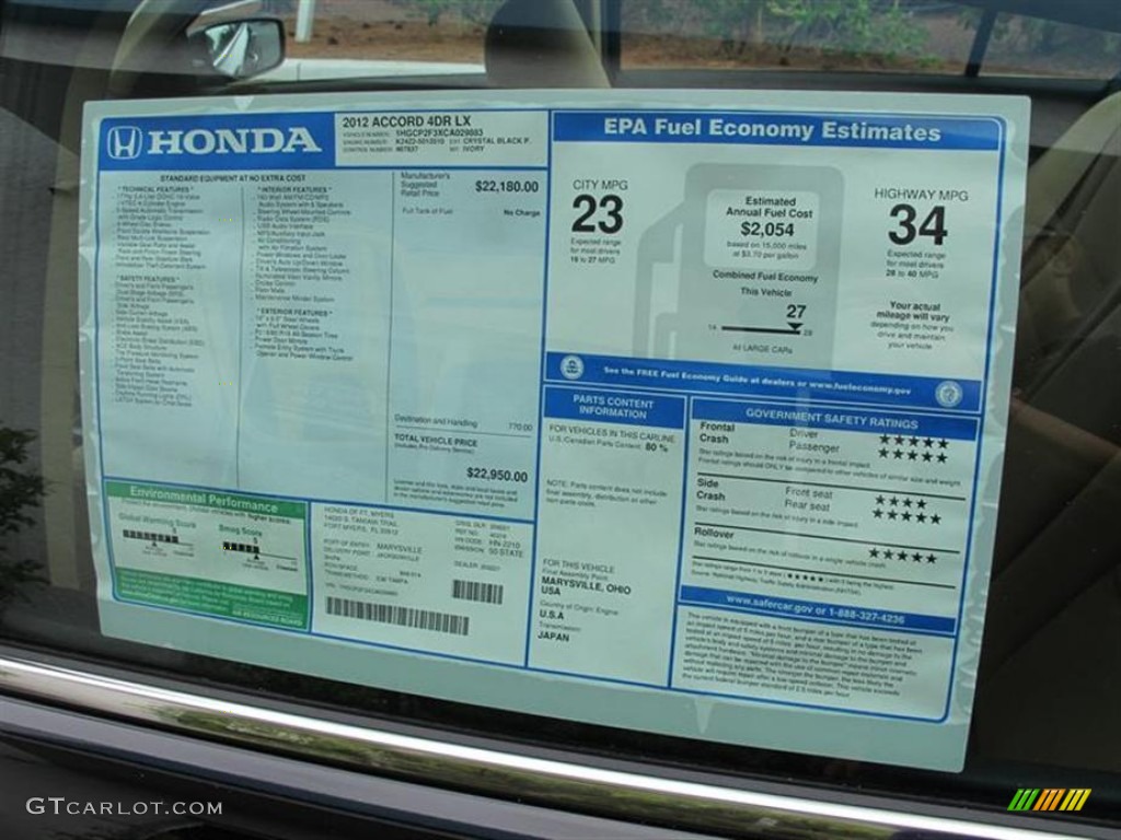 2012 Honda Accord LX Sedan Window Sticker Photo #55853582