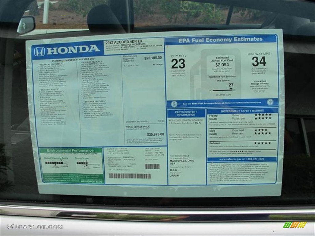 2012 Honda Accord EX Sedan Window Sticker Photo #55853674