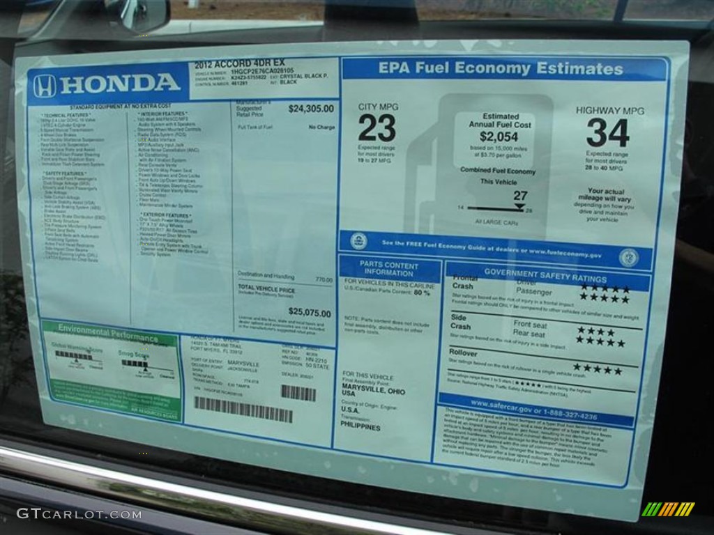2012 Honda Accord EX Sedan Window Sticker Photo #55853767
