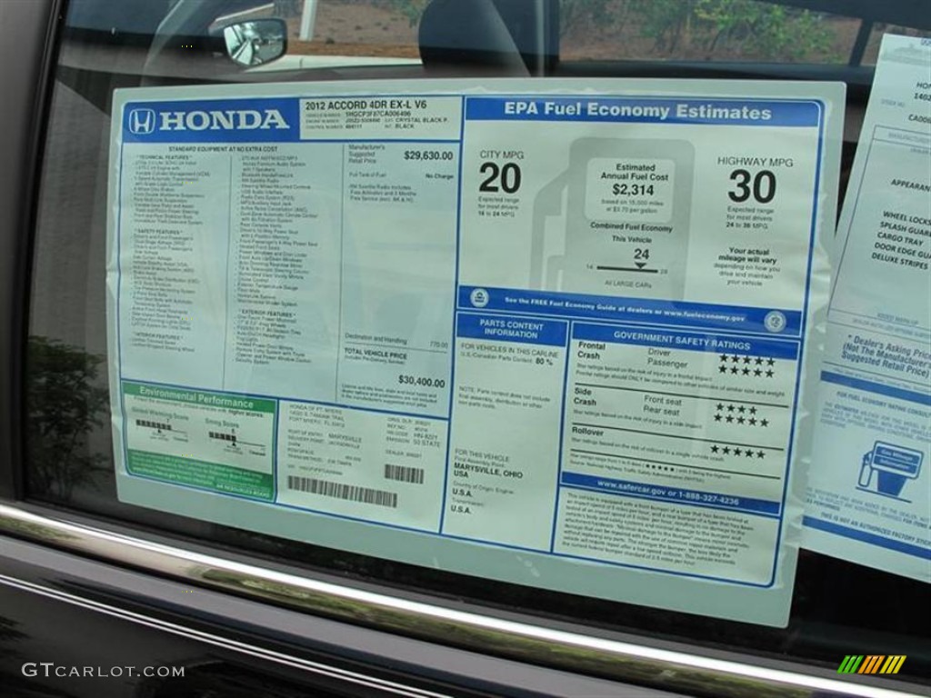 2012 Honda Accord EX-L V6 Sedan Window Sticker Photo #55854269
