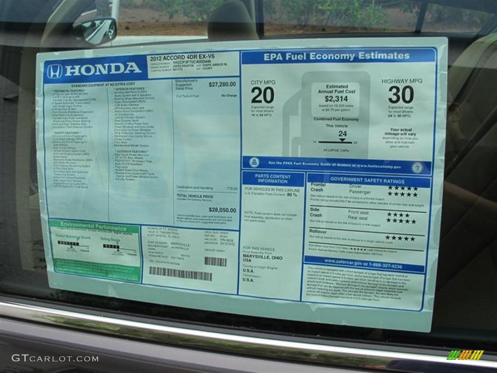 2012 Honda Accord EX V6 Sedan Window Sticker Photo #55854365
