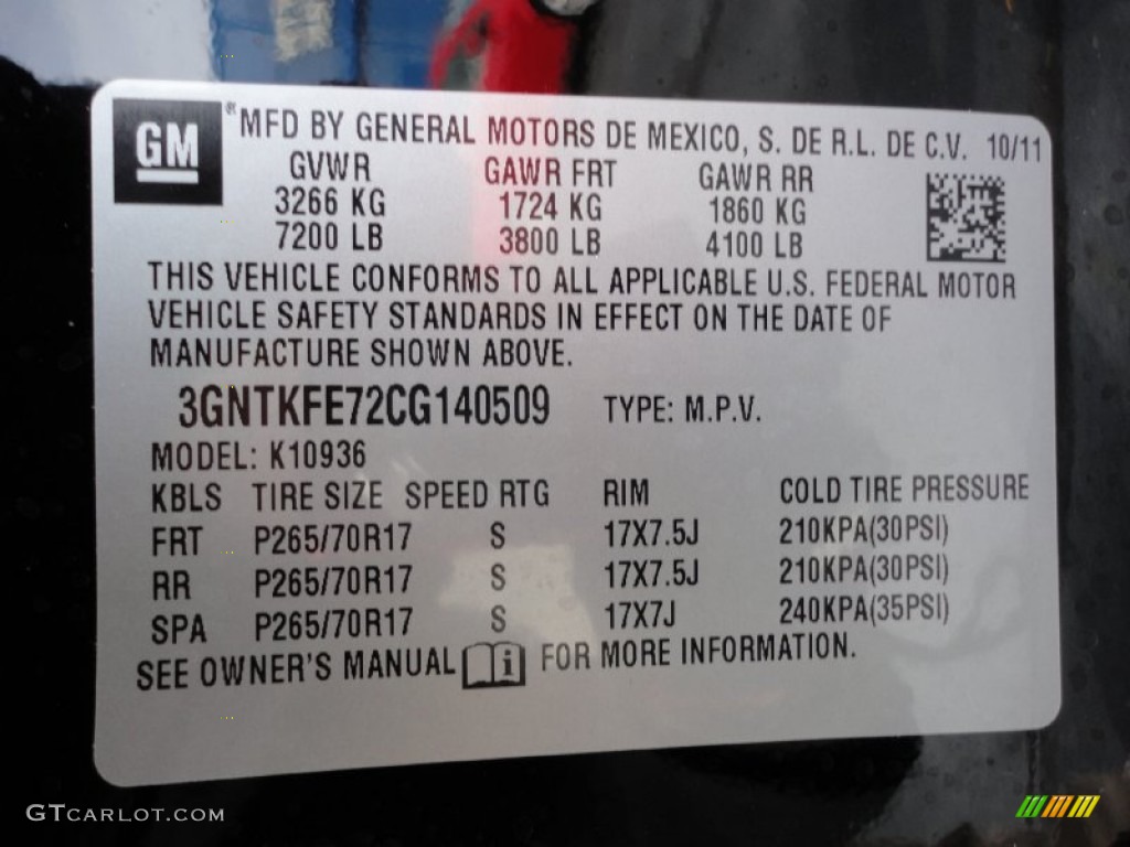 2012 Chevrolet Avalanche LT 4x4 Info Tag Photo #55856452