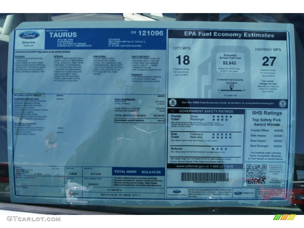 2012 Ford Taurus SEL Window Sticker Photo #55858348