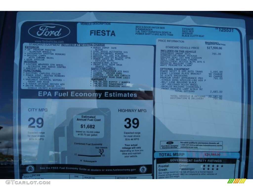 2012 Ford Fiesta SES Hatchback Window Sticker Photo #55859045