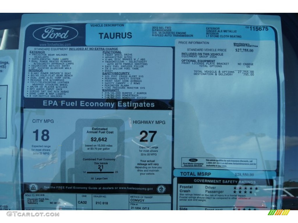 2012 Ford Taurus SEL Window Sticker Photo #55859911