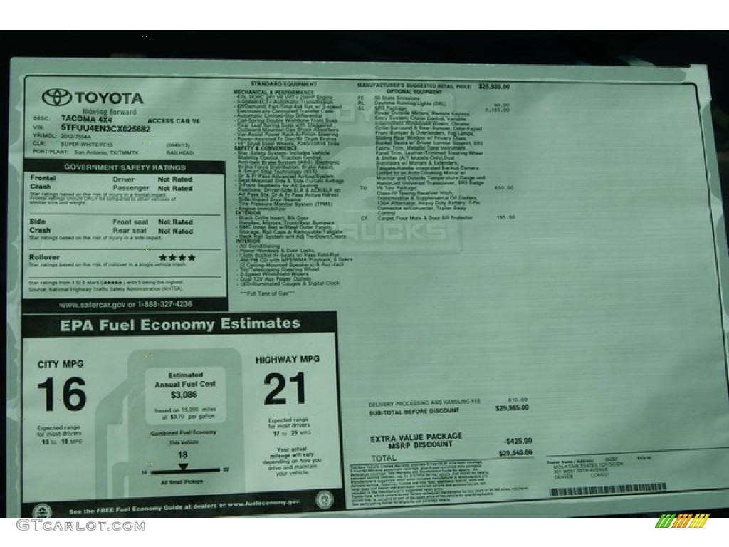 2012 Tacoma V6 SR5 Access Cab 4x4 - Super White / Graphite photo #14