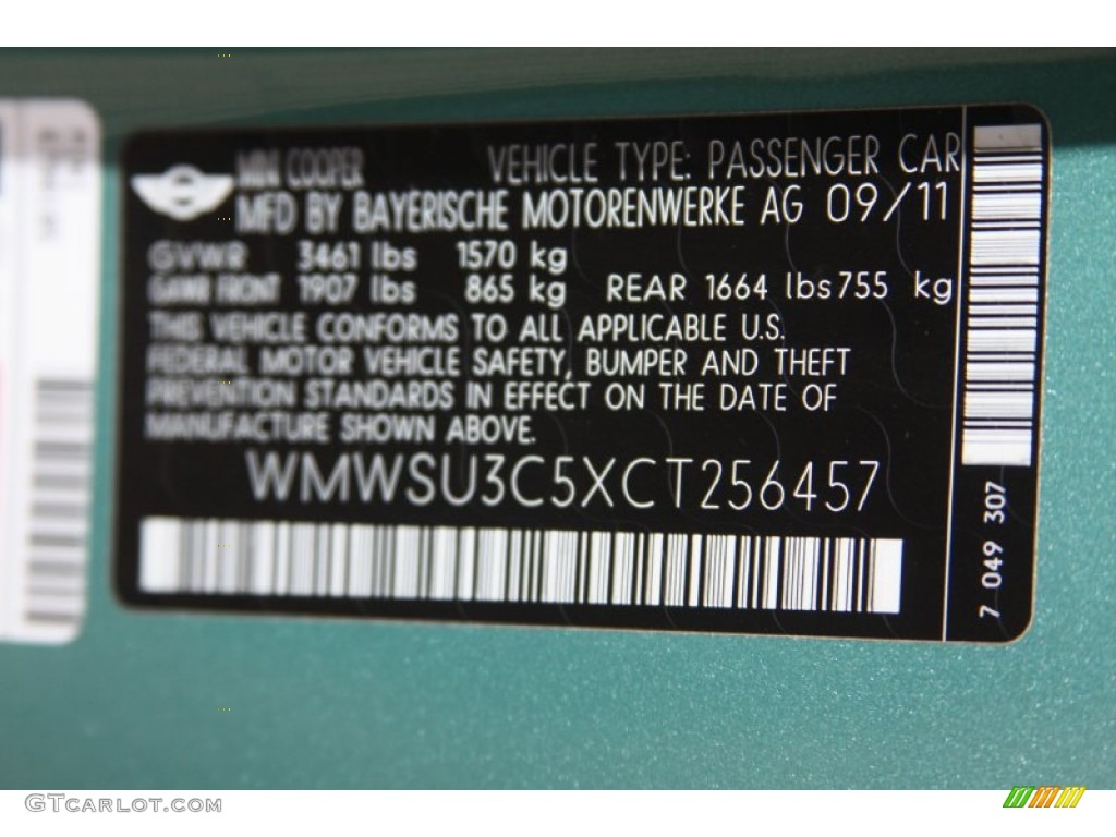 2012 Mini Cooper Hardtop Info Tag Photo #55868893